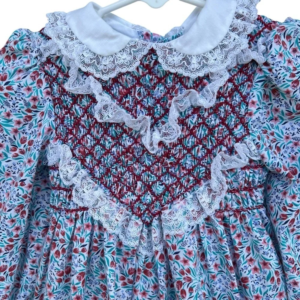 Vtg Polly Flinders Delicate Floral Long Sleeve Dress Diamond  Smocked Lace Sz 3T